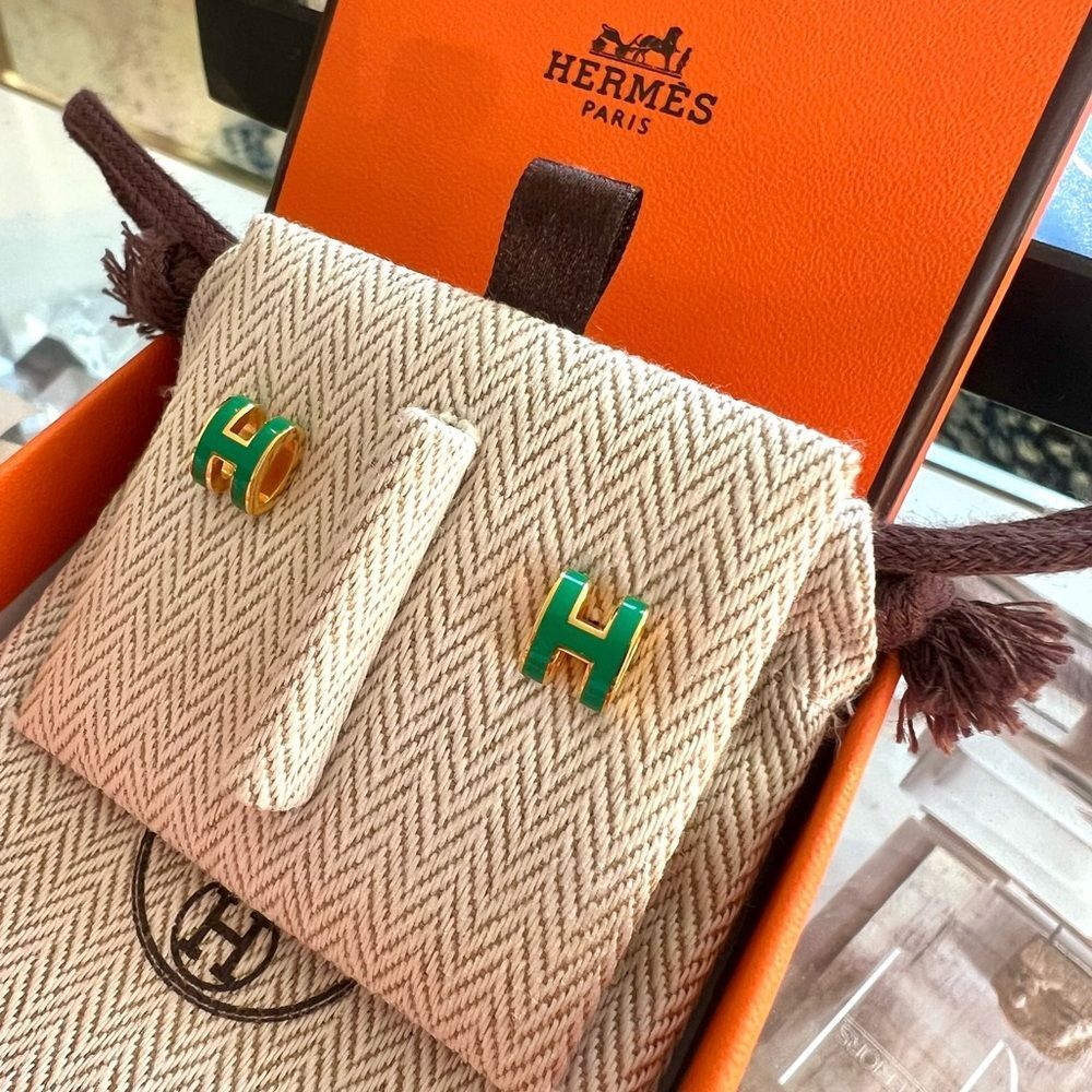 NIB HERMES 🎁GIFTABLE Mini Pop H Earring Stud Green Malachité Gold Hardware